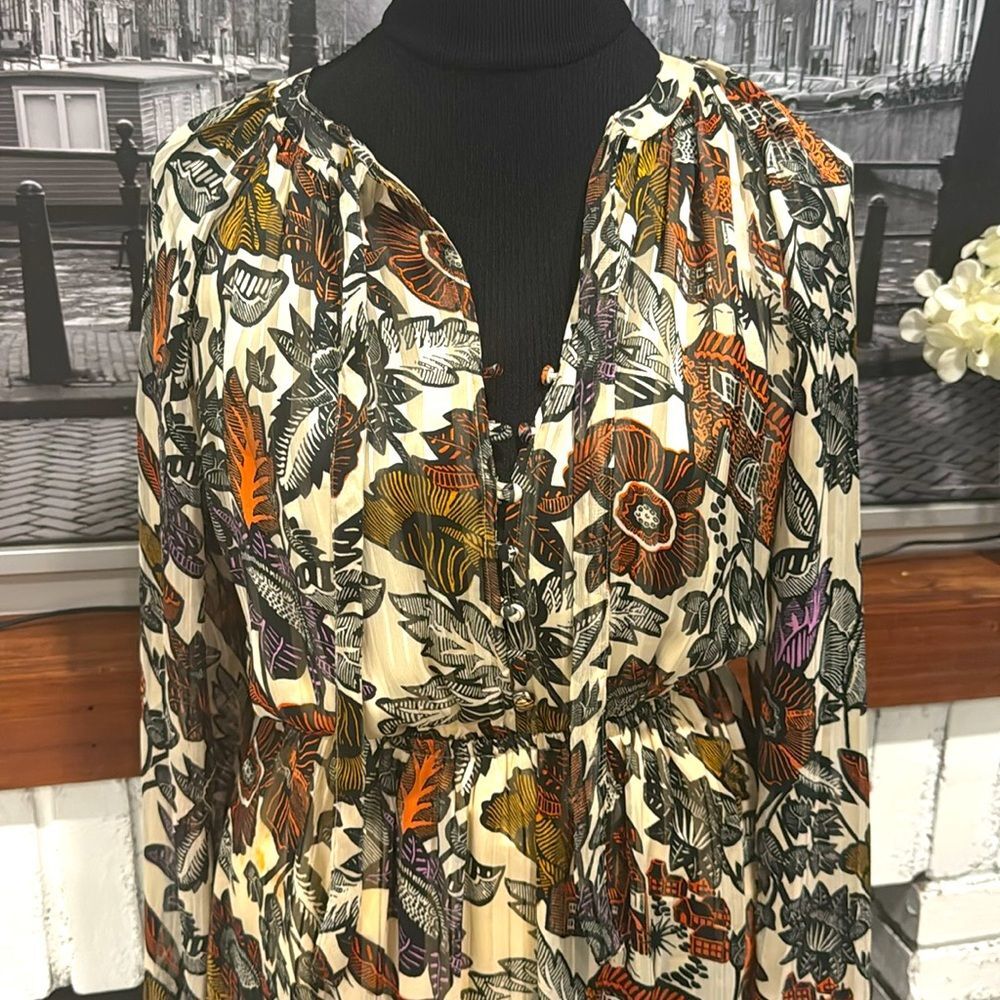 Scotch & Soda Dress Floral Front Tie Bow Midi Small Black Orange Ivory Boho - Picture 5 of 11